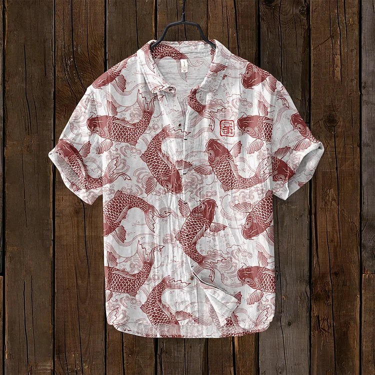 Osamu - chemise en mélange de lin d'art japonais poisson vintage