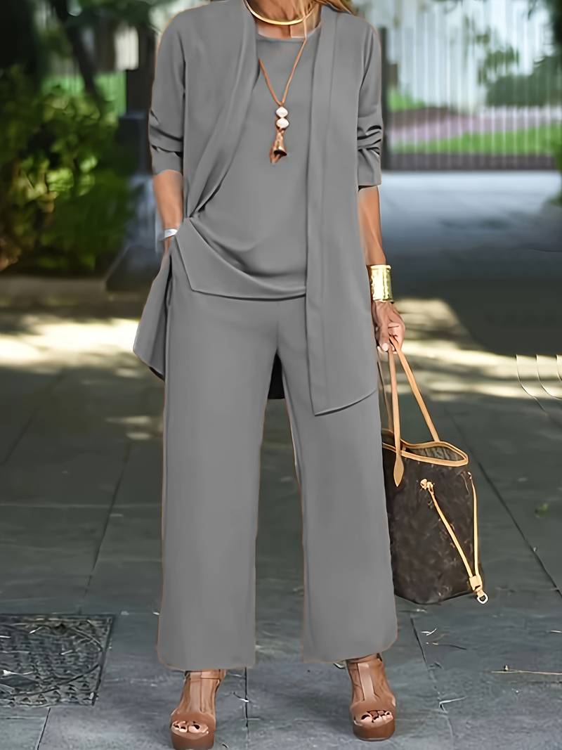 Evelyn – ensemble trois pièces décontracté avec cardigan et pantalon long