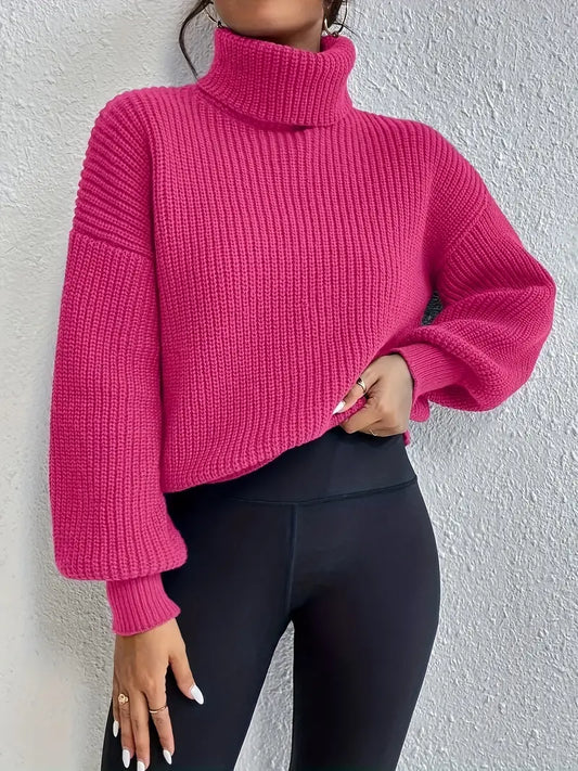 Pull chic à épaule goutte, manches lanterne et col roulé