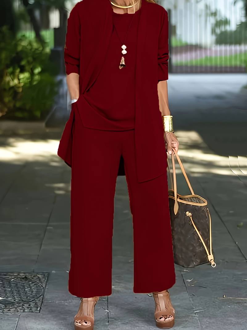 Evelyn – ensemble trois pièces décontracté avec cardigan et pantalon long