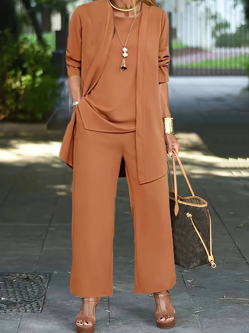 Evelyn – ensemble trois pièces décontracté avec cardigan et pantalon long