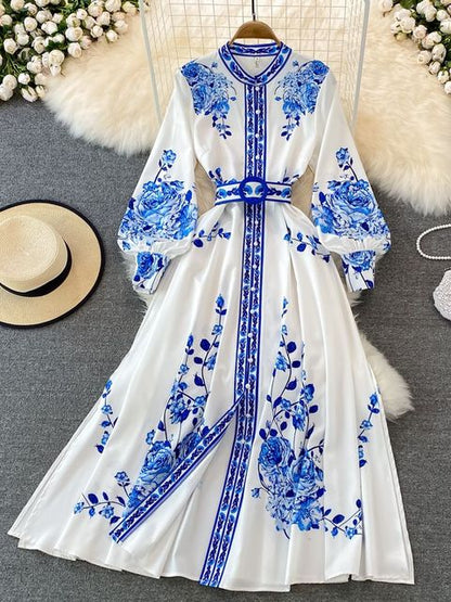 Robe à imprimé floral longue manches lanterne simple vintage