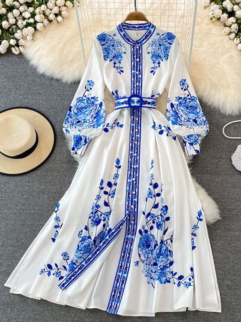 Robe à imprimé floral longue manches lanterne simple vintage