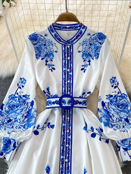 Robe à imprimé floral longue manches lanterne simple vintage