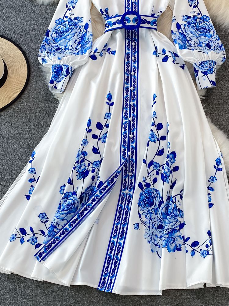 Robe à imprimé floral longue manches lanterne simple vintage