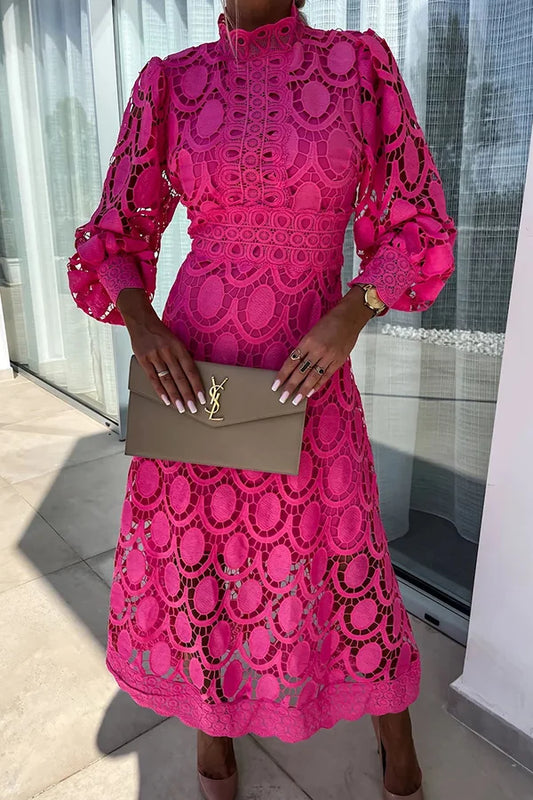 Gillian - robe midi romantique, sensuelle et élégante à manches bouffantes en dentelle au crochet