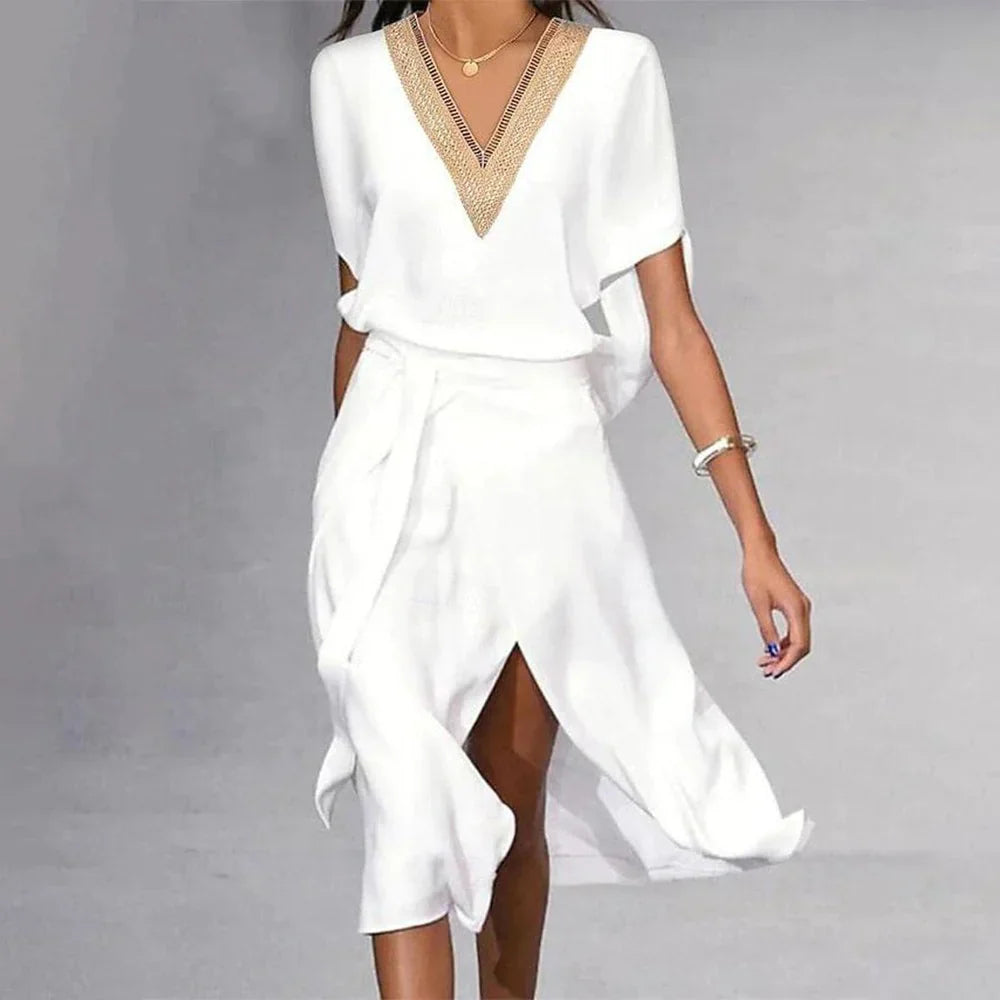 Isabella – robe midi blanche moderne avec col en v