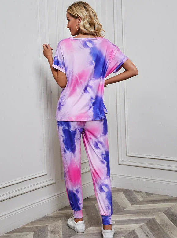 Ibo - ensemble composé d'une chemise et d'un pantalon à motif tie-dye rose et bleu