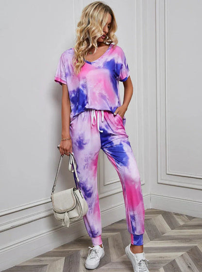 Ibo - ensemble composé d'une chemise et d'un pantalon à motif tie-dye rose et bleu