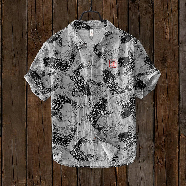 Osamu - chemise en mélange de lin d'art japonais poisson vintage